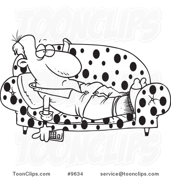 581x600 Cartoon Black And White Line Drawing Of A Lazy Guy Watching Tv