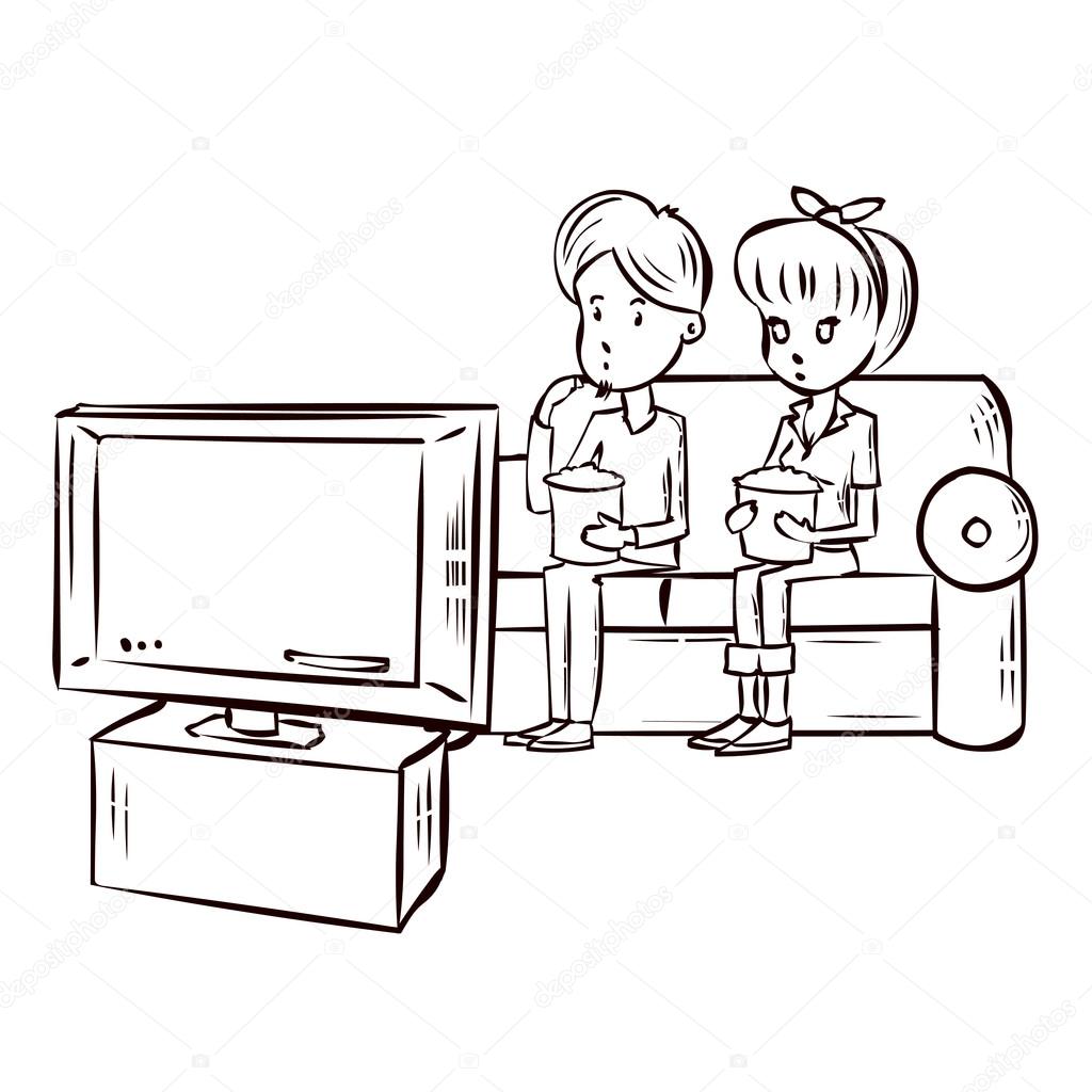 1024x1024 Cartoon Couple Watching Tv. Stock Vector Dergriza