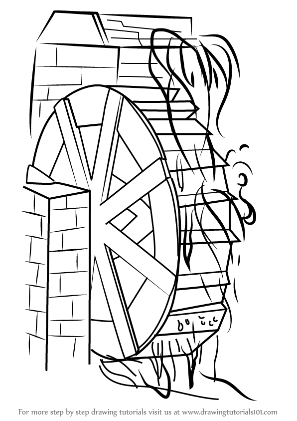 596x843 Learn How To Draw A Water Mill (Watermills) Step By Step Drawing