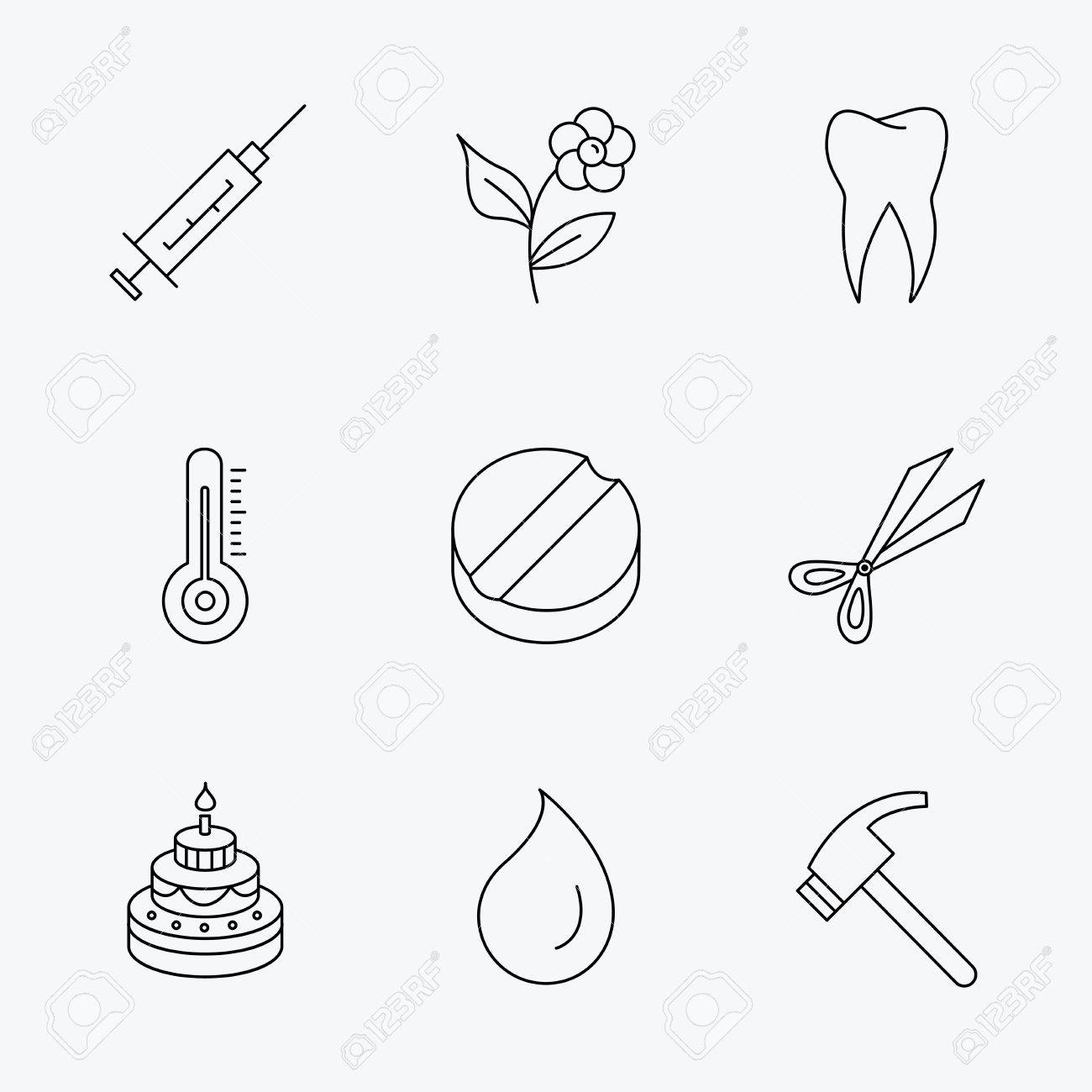 1300x1300 Tooth, Syringe And Tablet Icons. Flower, Water Drop And Cake