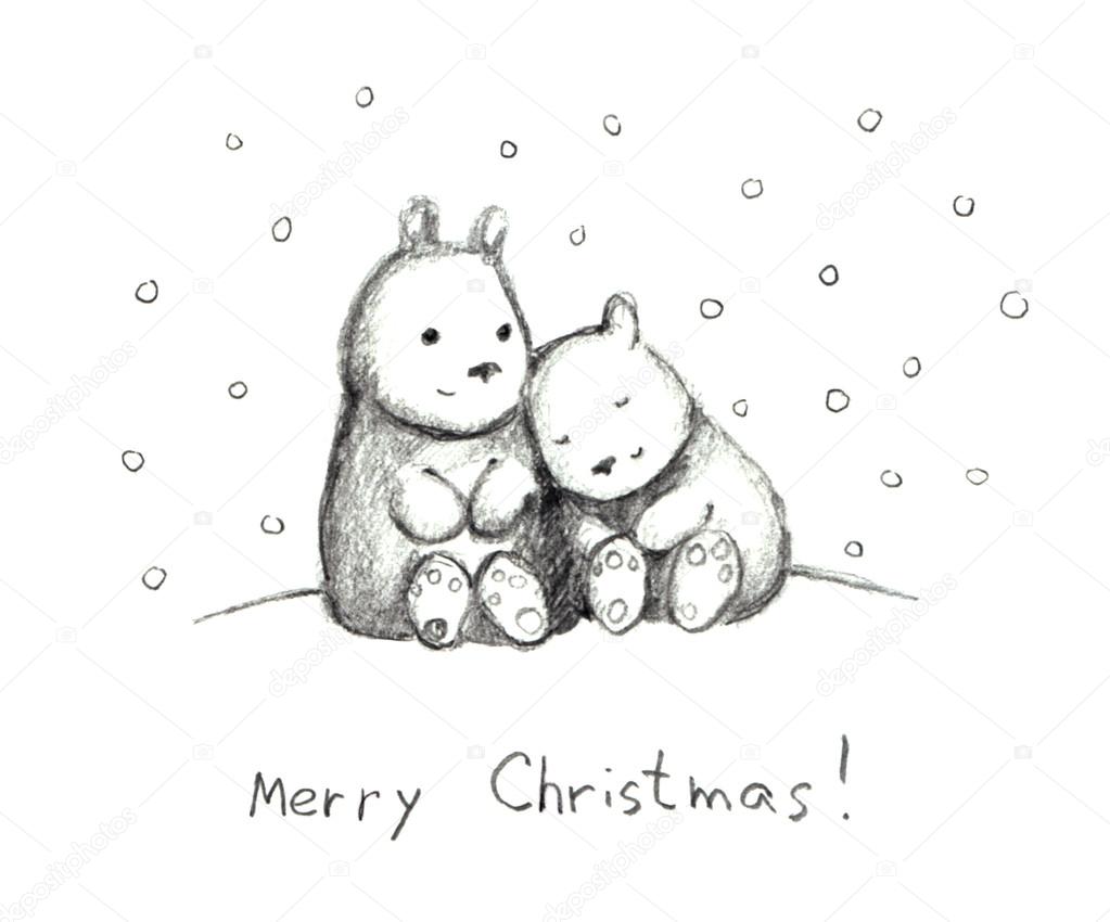 1023x850 Christmas Congratulation Card With Bears And Snow, Pencil Stock