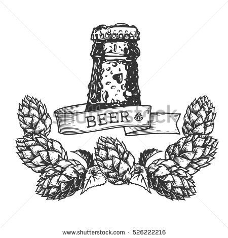 450x470 Bottle Of Fresh Beer With Water Drops, Ribbon And Wreath Of Hops