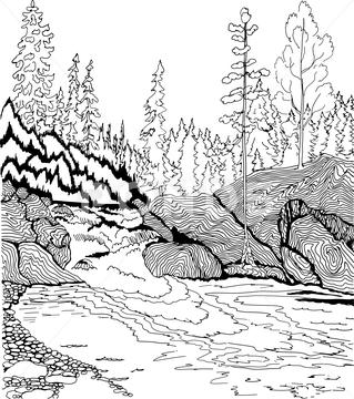 319x360 Landscape With Waterfall. Hand Drawn Patterns For Coloring