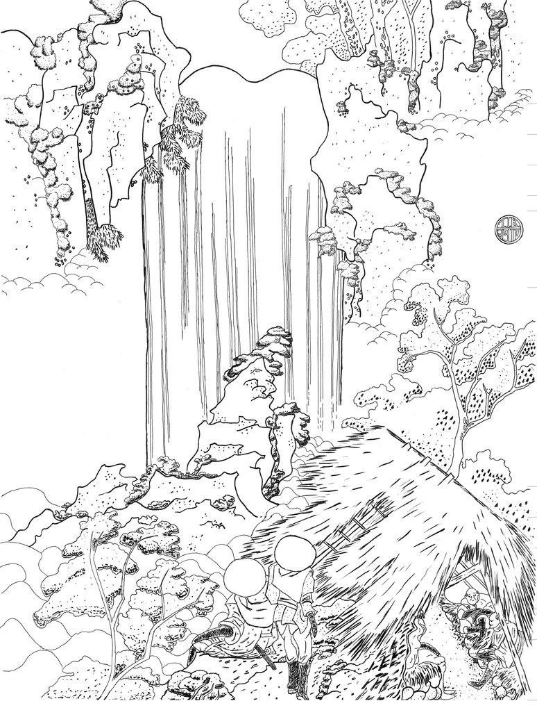 774x1032 Woodblock Art Waterfall By Tibstudios