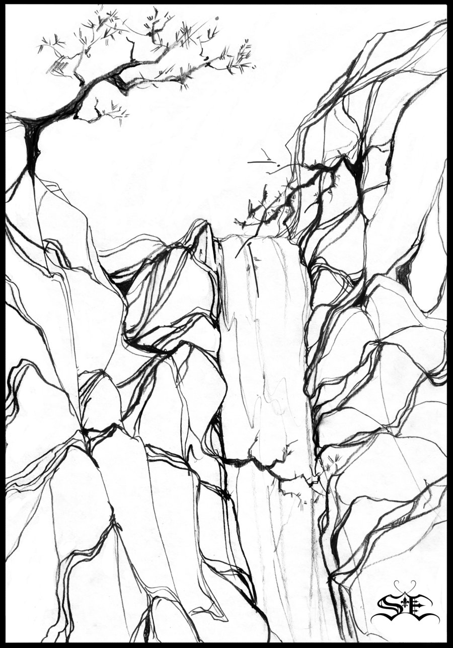 900x1287 Waterfall Black And White Drawing