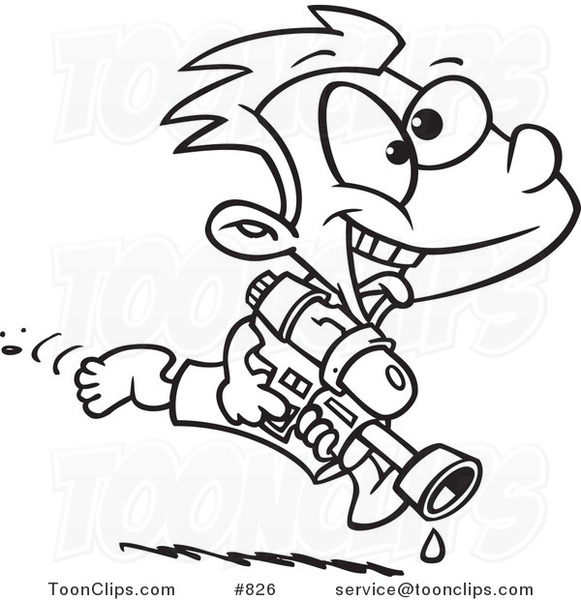 581x600 Cartoon Line Art Design Of A Playful Boy Running With A Water Gun