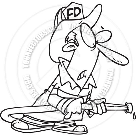 460x460 Cartoon Fireman With Water Hose (Black And White Line Art) By Ron