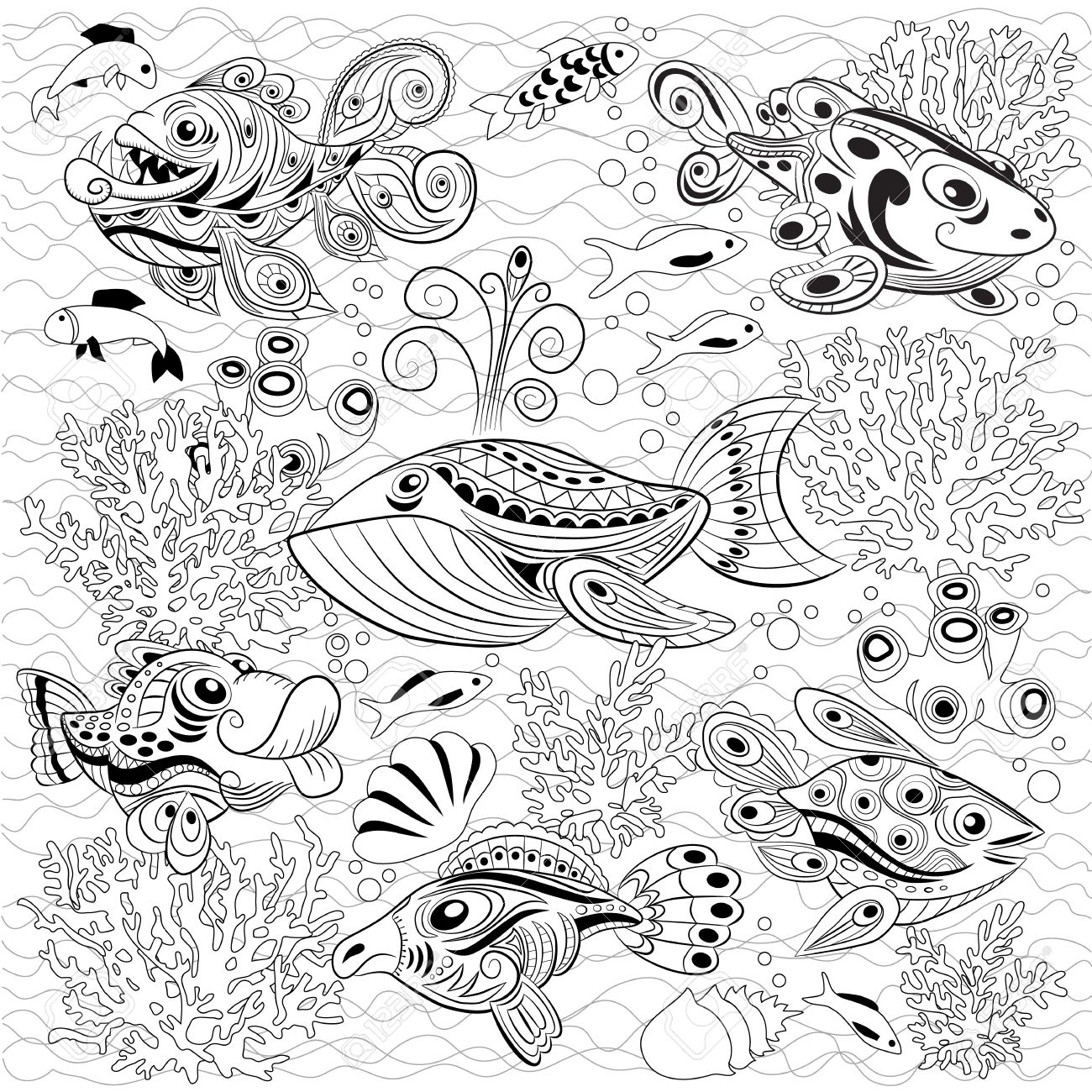 1300x1300 Hand Drawn Ink Zentangle Background With Many Fishes In The Water