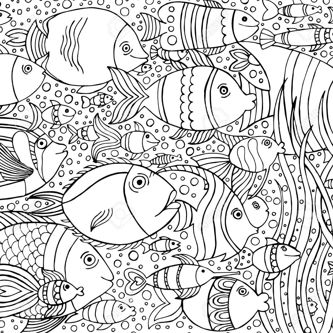 1300x1300 Hand Drawn Background With Many Fishes In The Water. Sea Life
