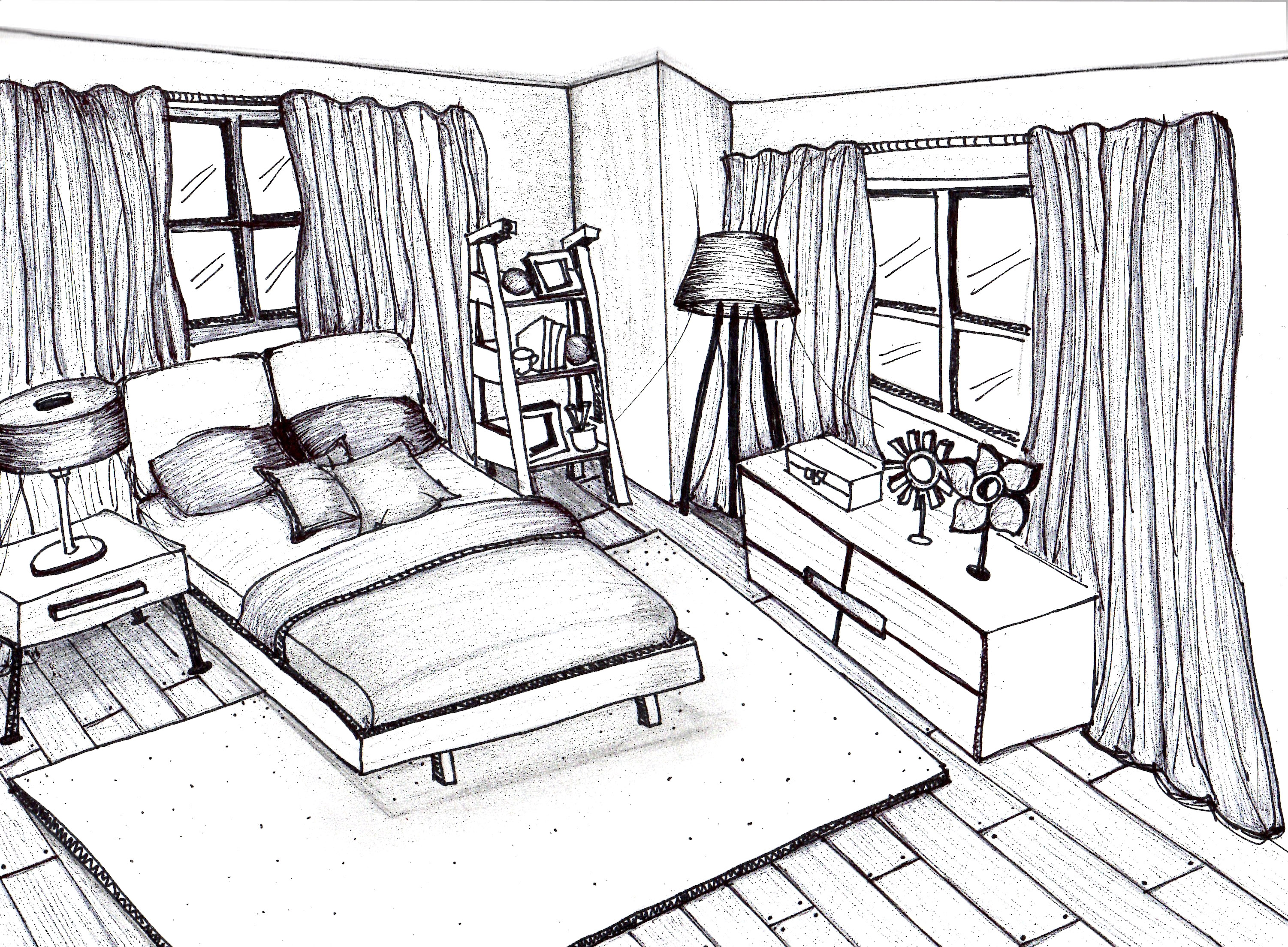 3003x2209 Bedroom Interior Sketch Bedroom By Pencil And Watercolor Stock