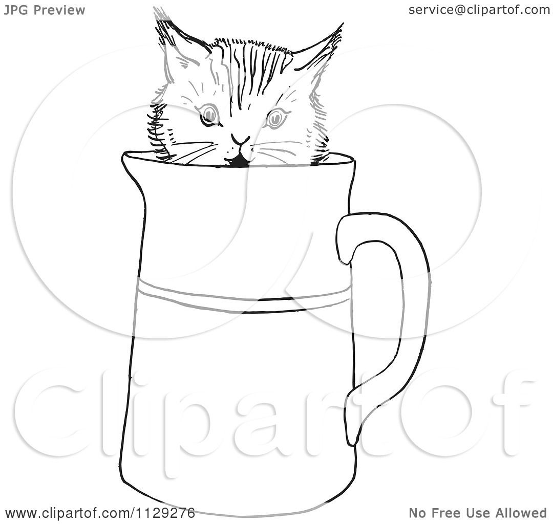 1080x1024 Cartoon Clipart Of An Outlined Curious Kitten In A Water Pitcher
