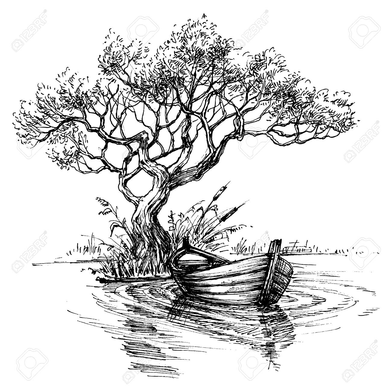 1300x1300 Boat On Water Under The Tree Sketch Wallpaper Royalty Free
