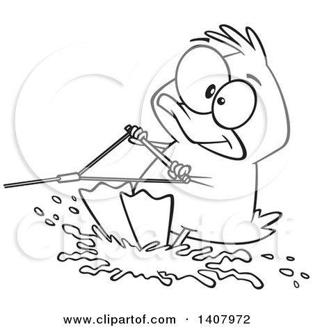 450x470 Clipart Of A Cartoon Black And White Lineart Duck Water Skiing