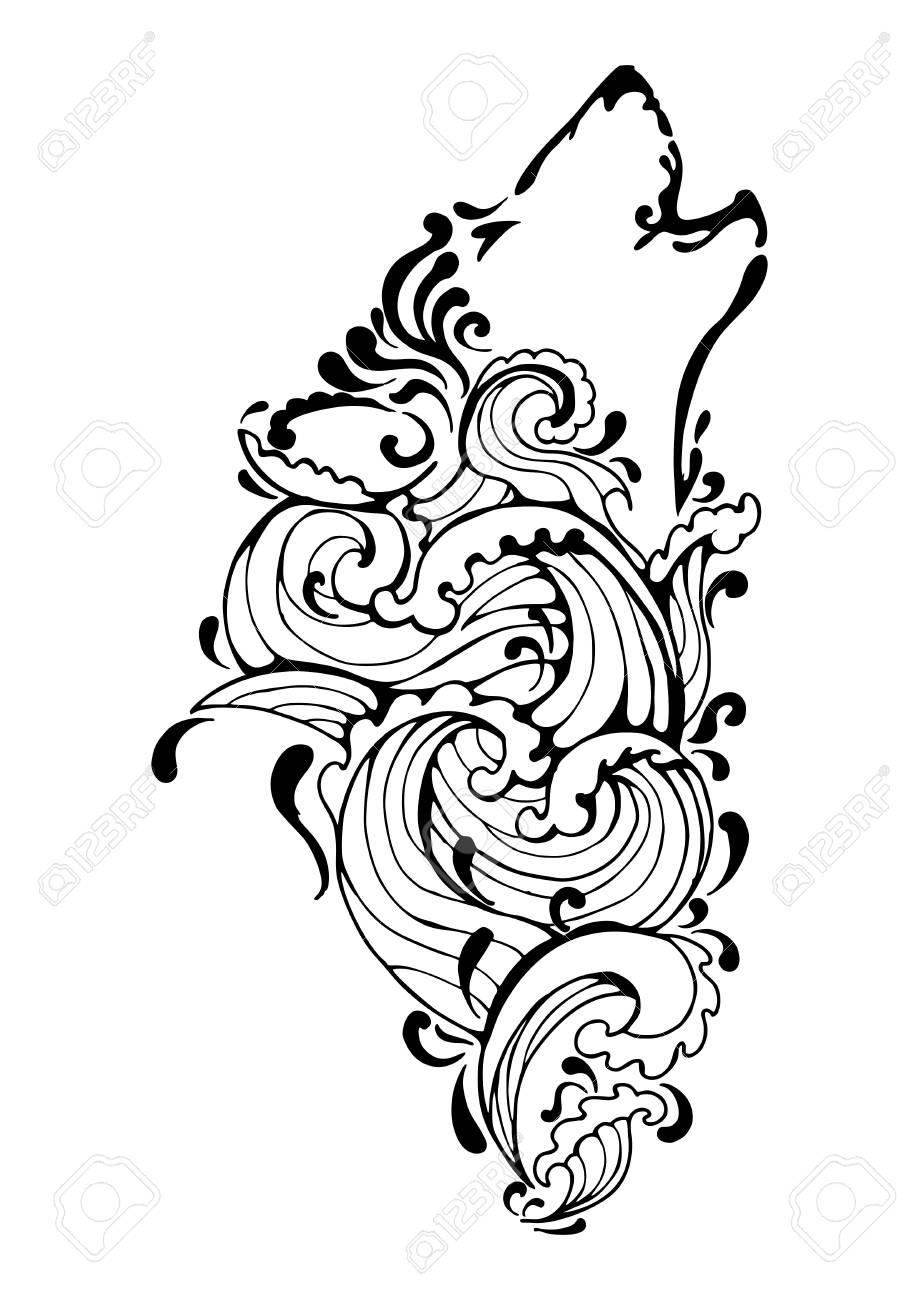 919x1300 Black Silhouette Wolf Head Howling Tribal Tattoo With Water