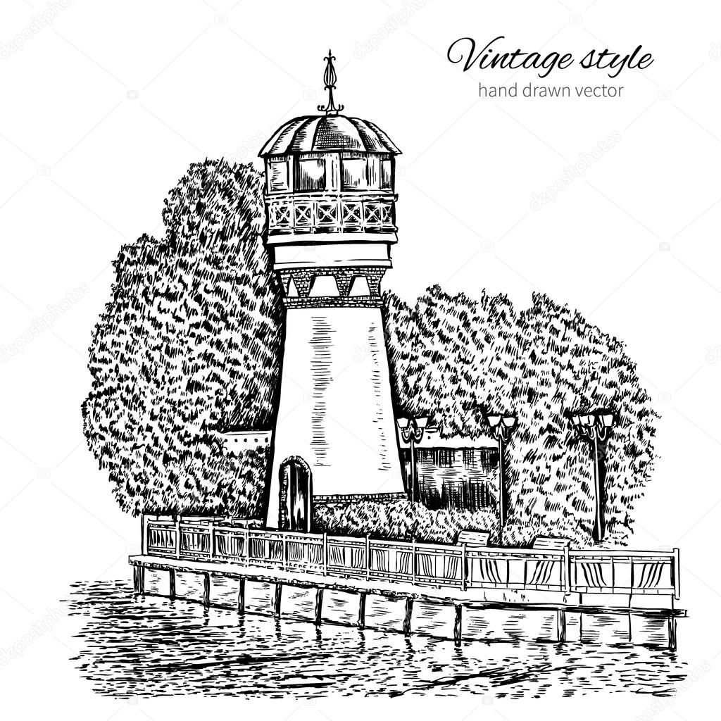 1024x1024 German Lighthouse, Water Tower On Shores Of Lake Hand Drawn Vector