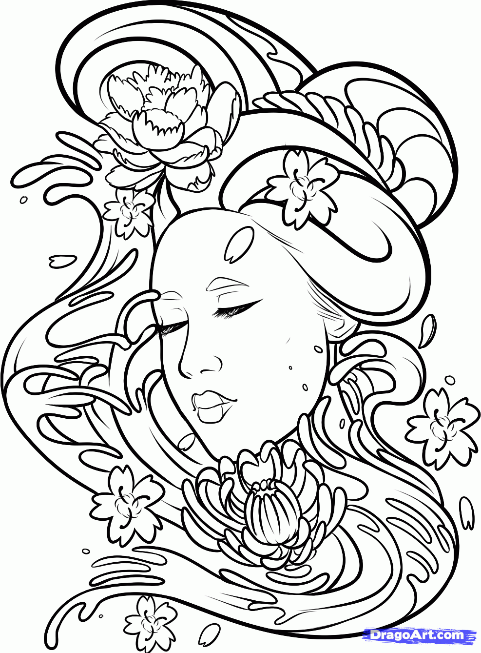 987x1338 Dragoart Coloring Pages How To Draw A Geisha Tattoo Step 10
