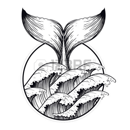 450x450 Whale Tail In Sea Waves, Boho Blackwork Tattoo. Ocean Line Art