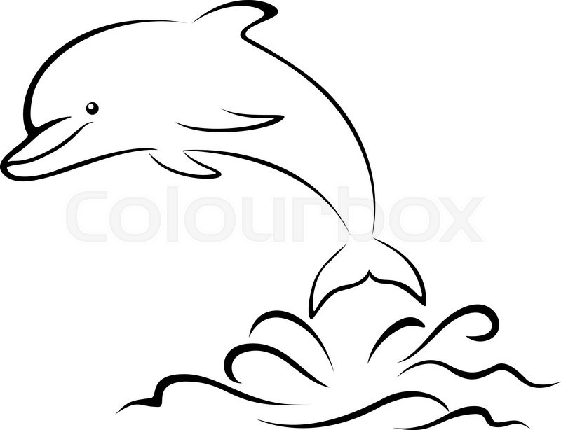 800x614 Cartoon Dolphin Jumping Over The Sea Waves, Black Contours