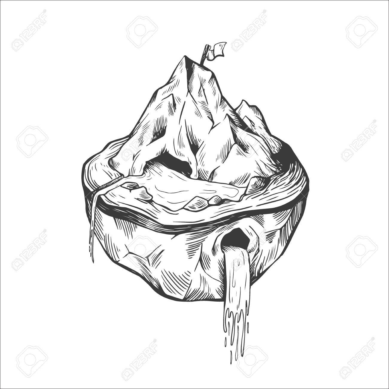 1300x1300 Vector Mountain. Vector Landscape With Mount, Waterfall, Lake