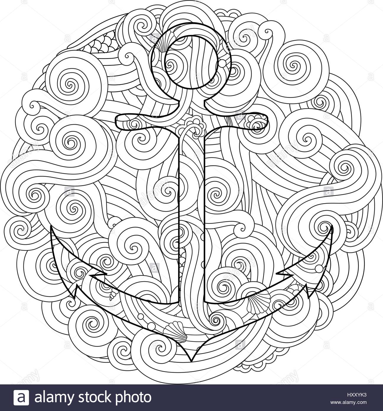 1296x1390 Coloring Page With Anchor In Wave Mandala. Zentangle Inspired