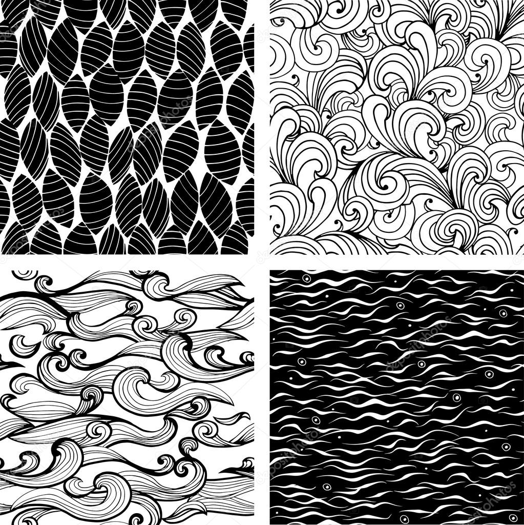 1023x1024 Set Of Four Seamless Black And White Wave And Floral Patterns. Can