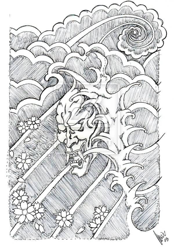 600x849 Collection Of Hannya Mask And Waves Tattoo Poster