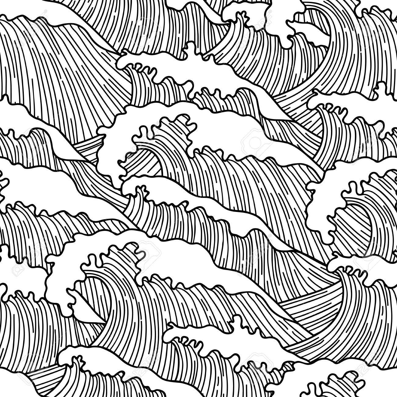 1300x1300 Sea Seamless Pattern With Abstract Hand Drawn Waves. Background