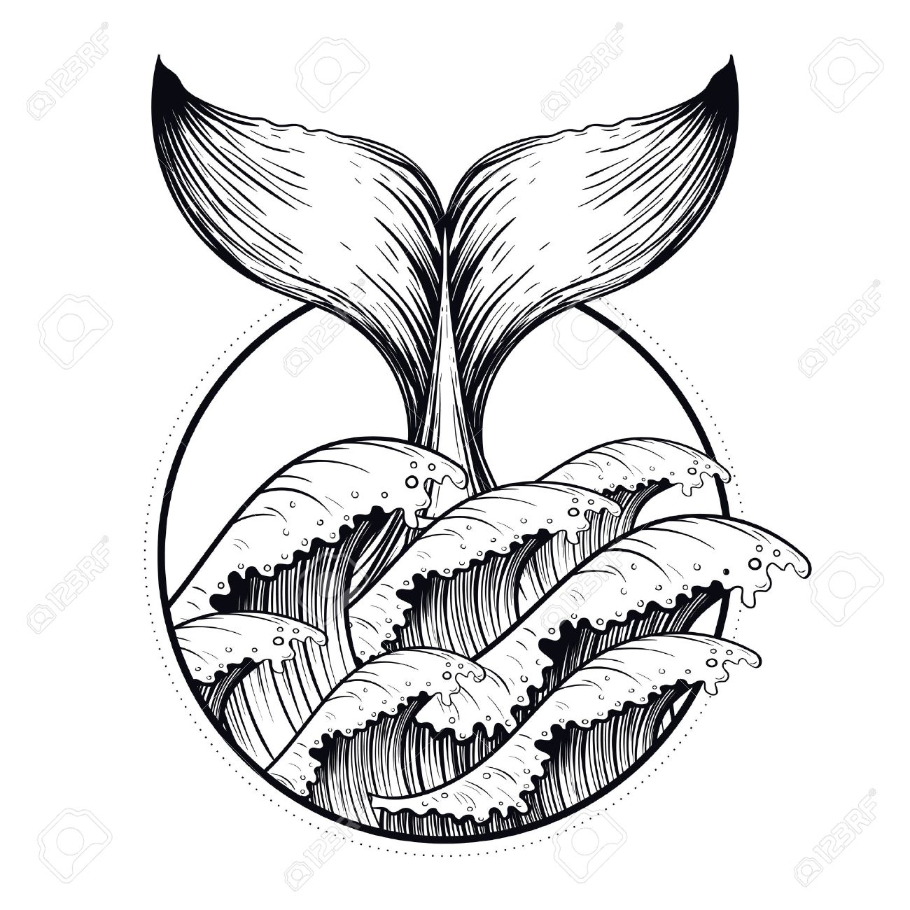 1300x1300 Whale Tail In Sea Waves, Boho Blackwork Tattoo. Ocean Line Art