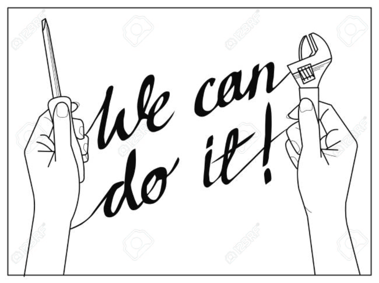 1300x972 We Can Do It. Woman Hands With Tools. Vector Hand Drawing