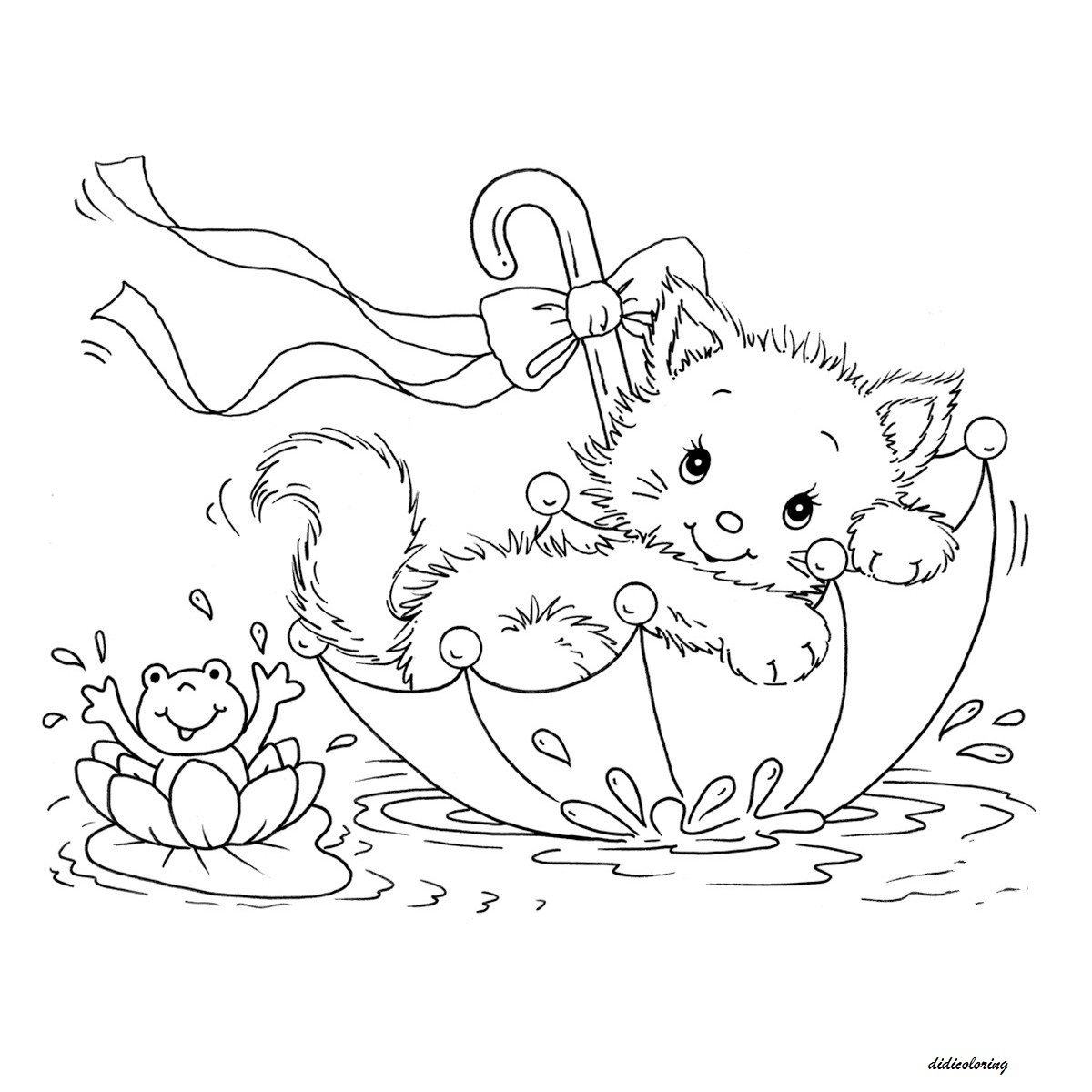 1200x1200 Printable Kitty Cat And Frog In Umbrella Lovely Weather