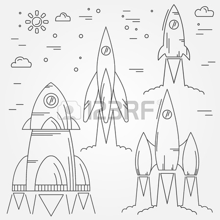 450x450 Set Rockets Thin Line Icon. Human Space Flight. Vector