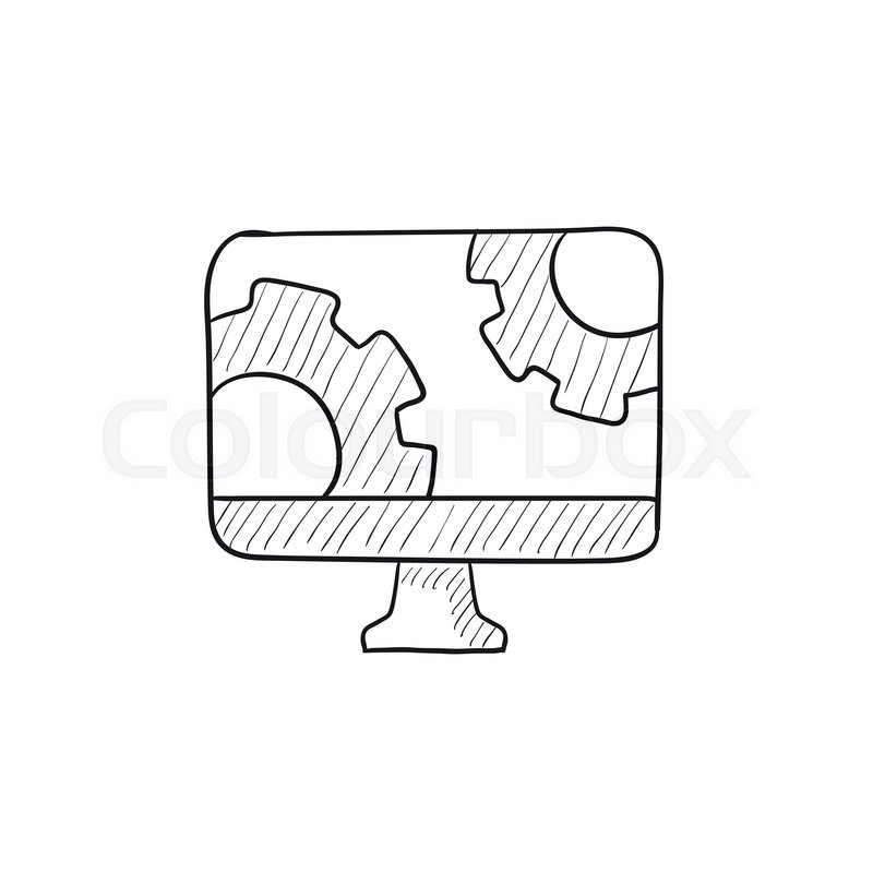 800x800 Computer Monitor With Gears Vector Sketch Icon Isolated