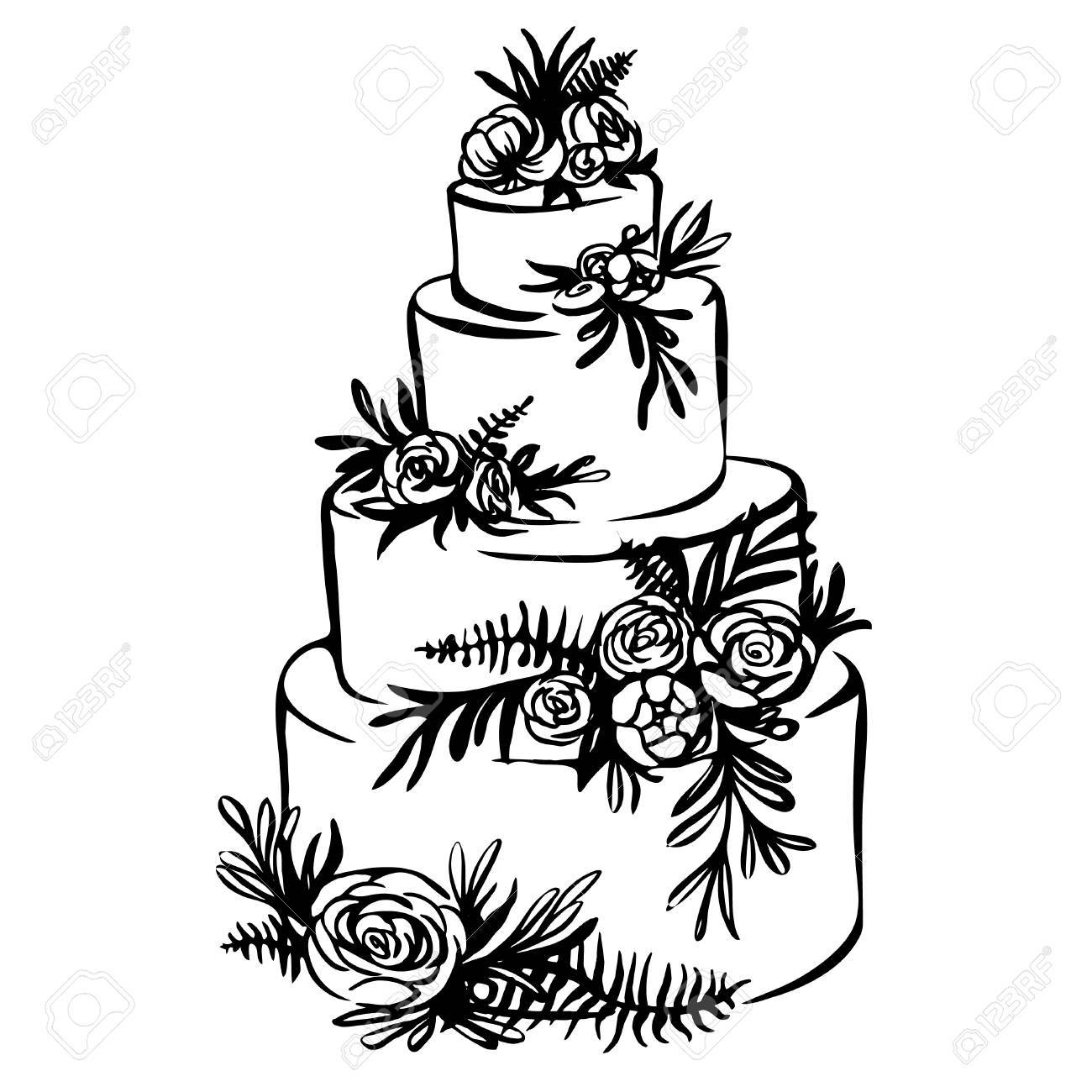 1300x1300 Hand Drawn Sketch Of Wedding Cake With Floral Decoration Isolated