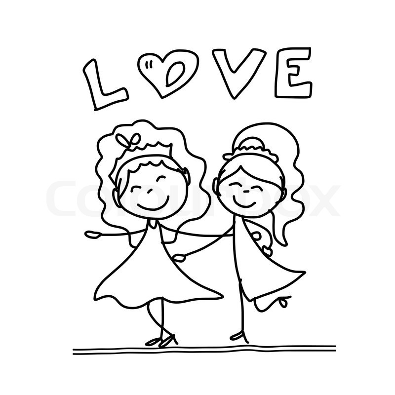 800x800 Hand Drawing Cartoon Concept Happy Same Sex Couple Wedding Stock