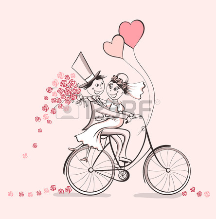 444x450 Just Married. Hand Drawn Wedding Couple In Love On Bicycle. Cute