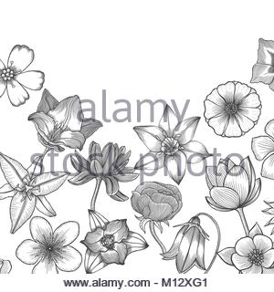 300x320 Blossoming Tree Flowers Line Art Hand Drawing. Spring Stylish