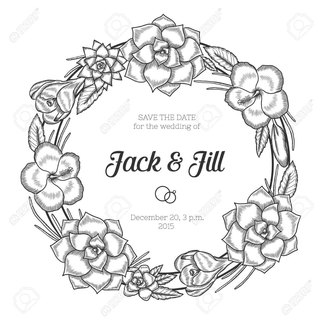 1300x1300 Hand Drawn Floral Wedding Invitation. Vintage Round Wreath. Vector