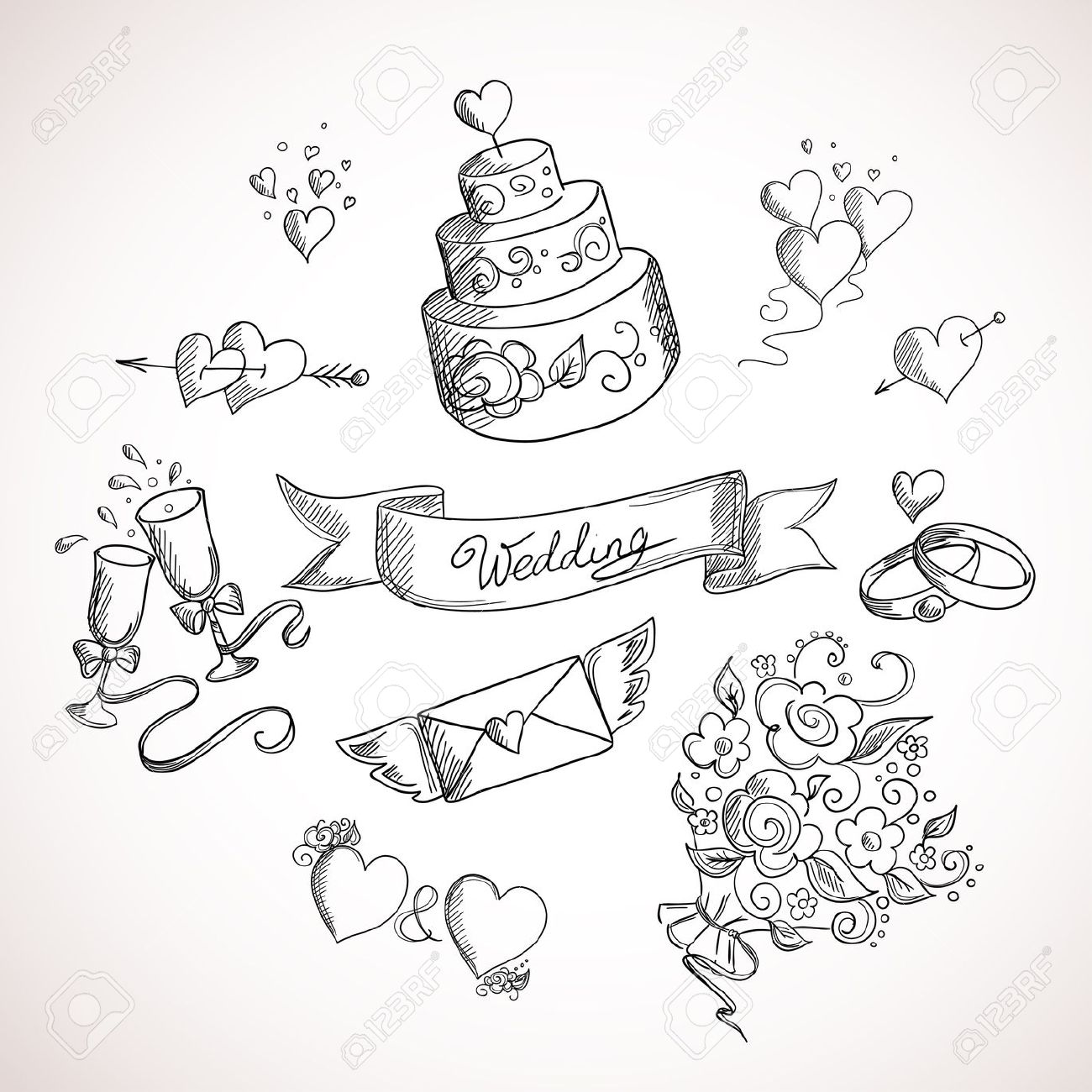 1300x1300 Sketch Of Wedding Design Elements. Hand Drawn Illustration Royalty