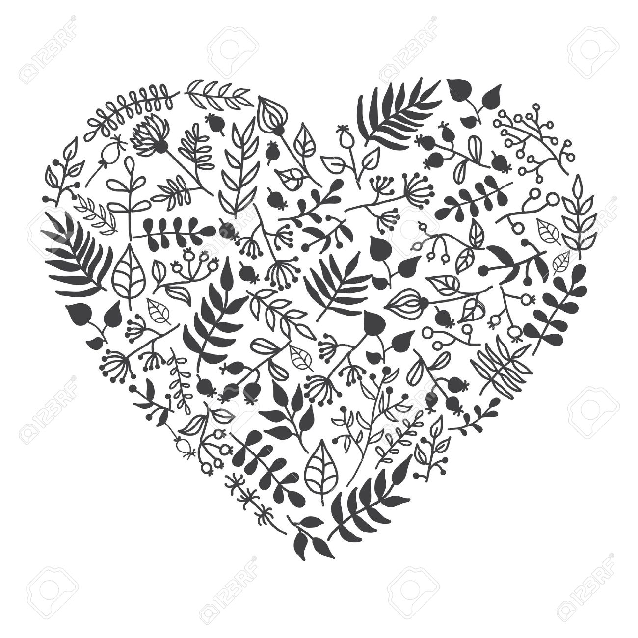 1300x1300 Vector Rustic Floral Heart Shape Illustration. Hand Draw. Great