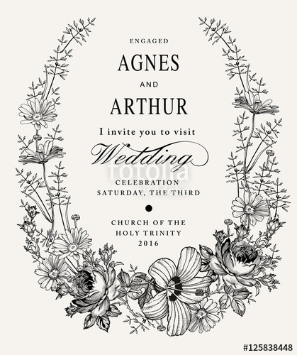 419x500 Wedding Invitation. Beautiful Blooming Flowers. Vintage Greeting