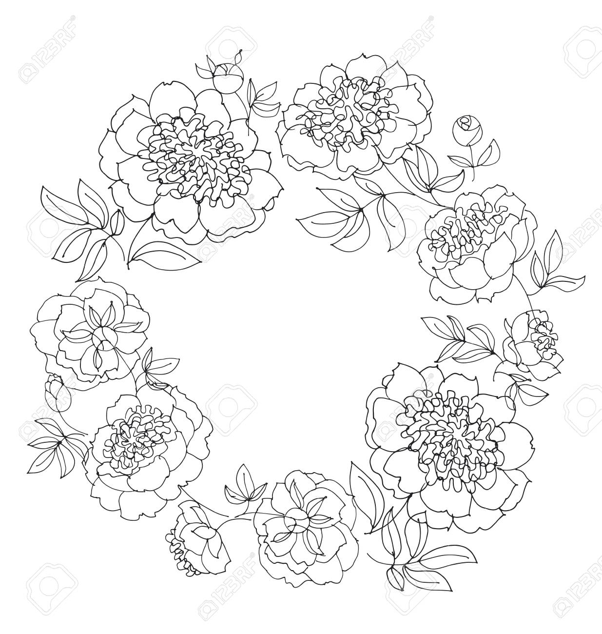 1235x1300 Peony Flower Wreath Vector Illustration. Line Sketch Hand Drawn