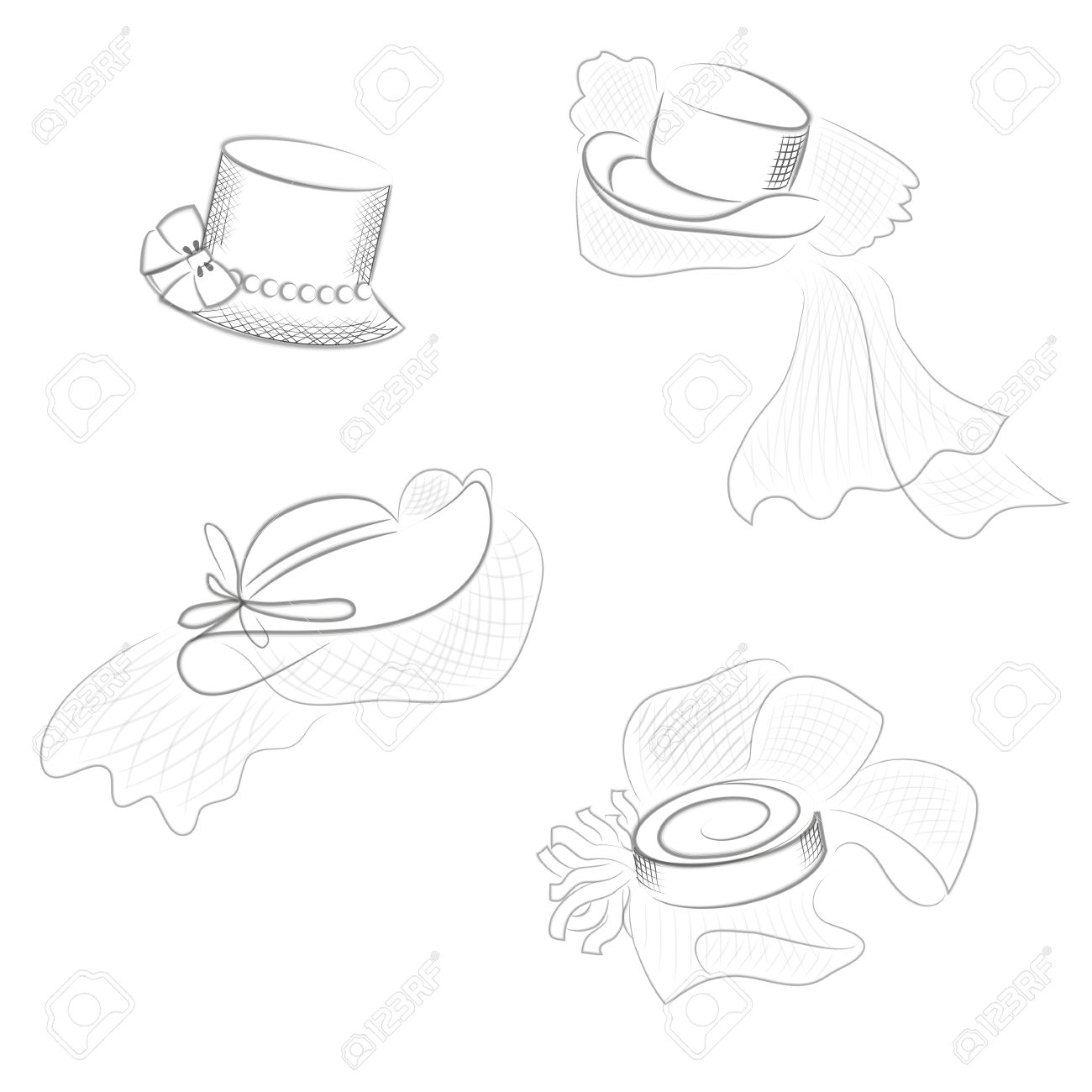 1300x1300 Set Of Hand Drawing Sketch Women Wedding Hat With Veil Isolated