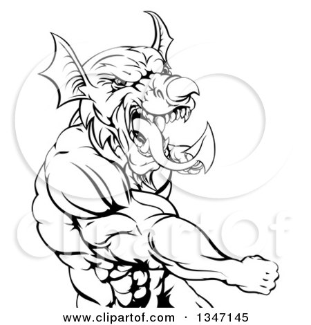 450x470 Clipart Of A Black And White Muscular Fighting Welsh Dragon Man