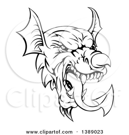 450x470 Clipart Of A Black And White Welsh Dragon Mascot Head
