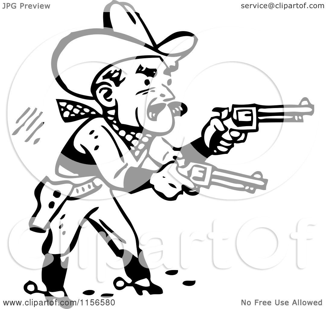 1080x1024 Clipart Of A Black And White Retro Western Cowboy Shooting Pistols