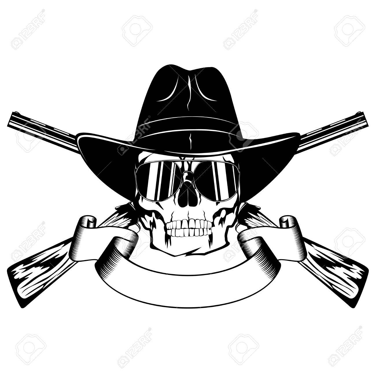 1300x1300 Vector Illustration Skull With Sunglasses In Cowboy Hat