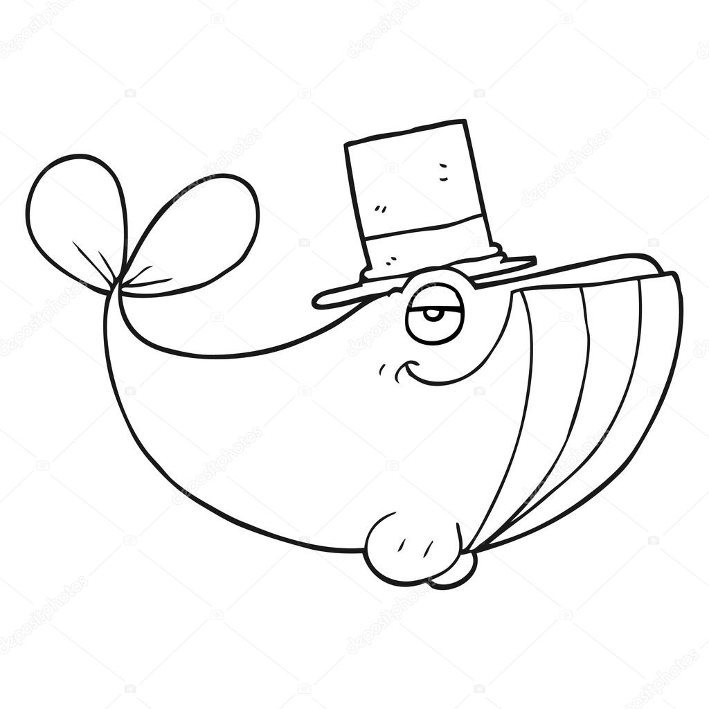 1024x1024 Black And White Cartoon Whale Wearing Top Hat Stock Vector