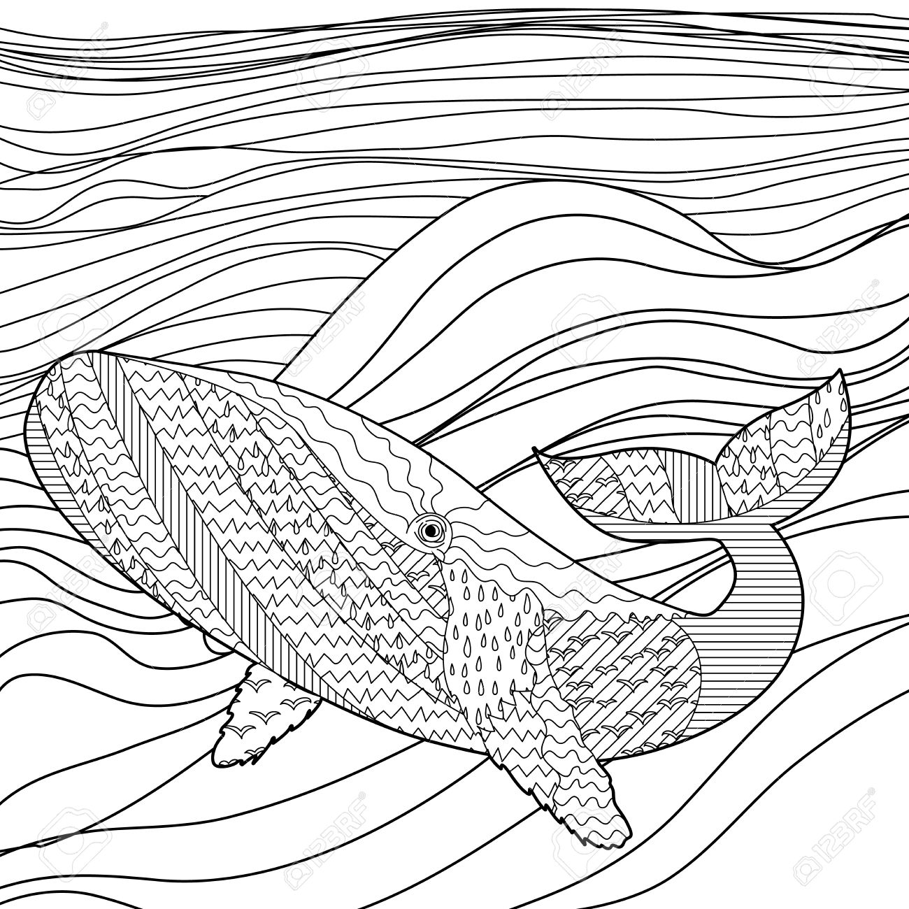 1300x1300 Hand Drawn Whale In The Waves For Anti Stress Coloring Page