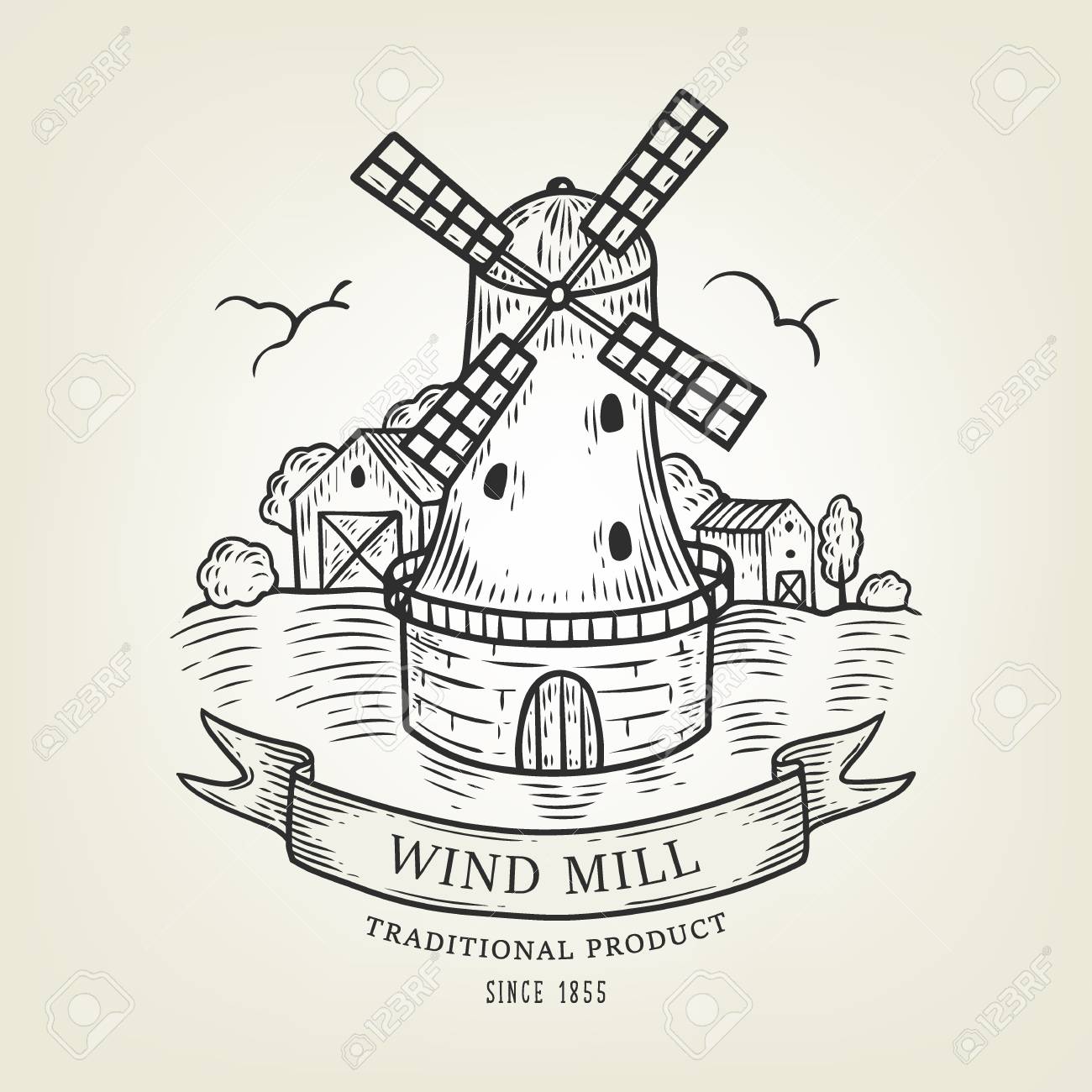 1300x1300 Vector Countryside Landscape With Windmill And Wheat Field. Rural