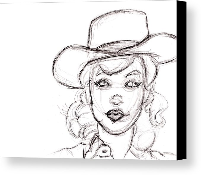 678x591 Pencil Sketch Drawing Of Retro Girl In Cowboy Hat Canvas Print
